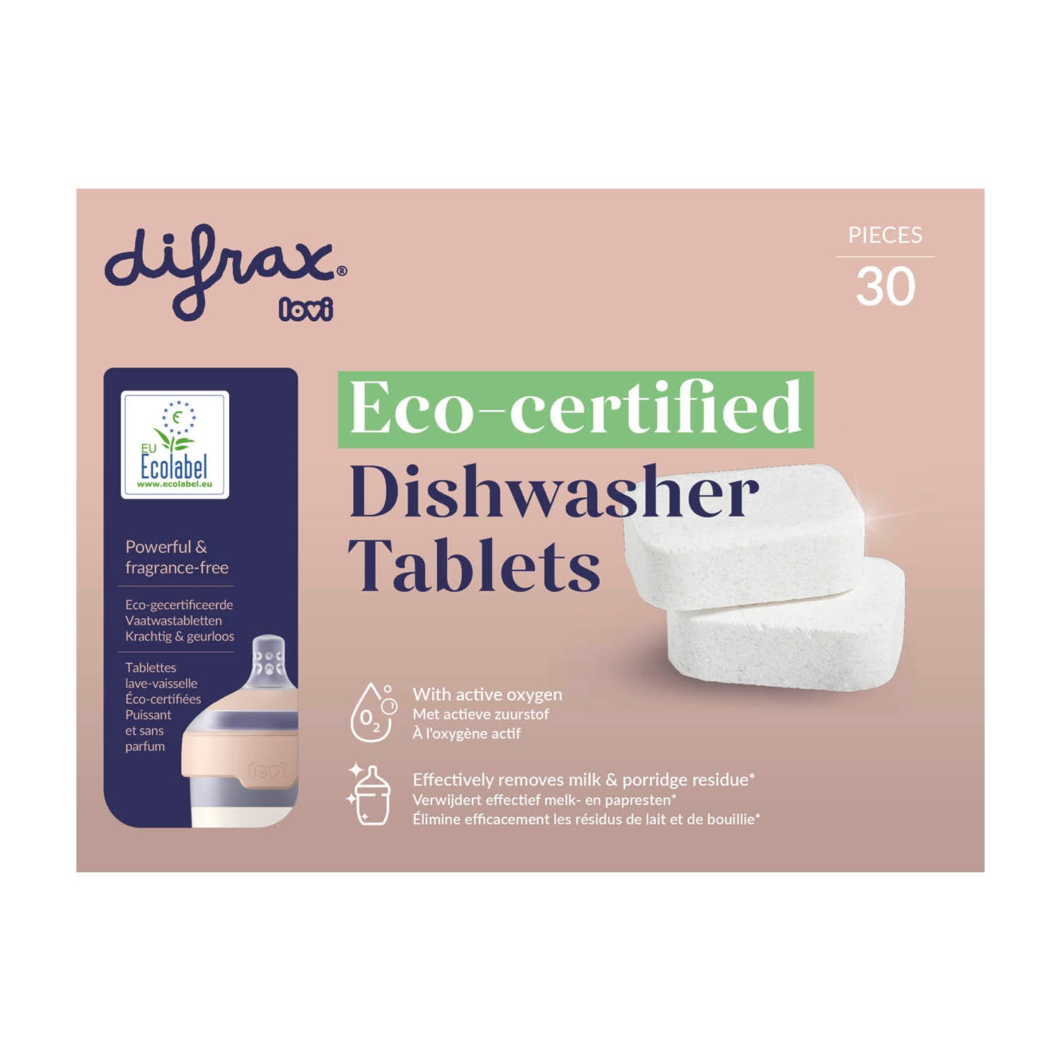 Difrax x Lovi tablettes lave-vaisselle éco-certifiées 30 pièces – puissantes et sans parfum, à l'oxygène actif, élimine les résidus de lait et de bouillie
