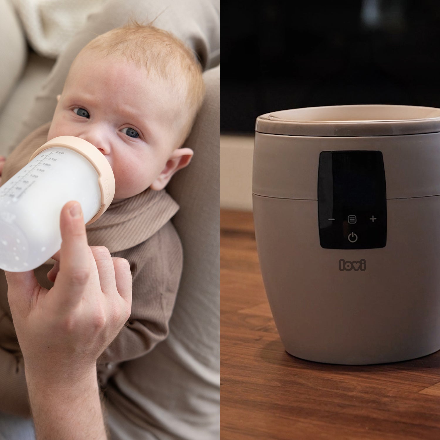 Bébé buvant dans une bouteille réchauffée avec un chauffe-biberon