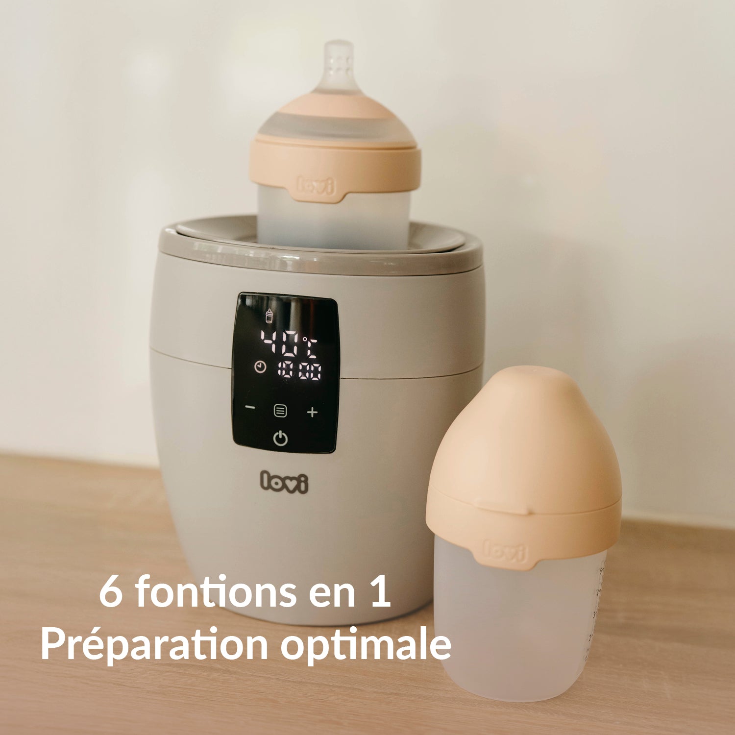 Illustration d’un chauffe-biberon multifonction avec 6 fonctions en 1 pour les soins du bébé