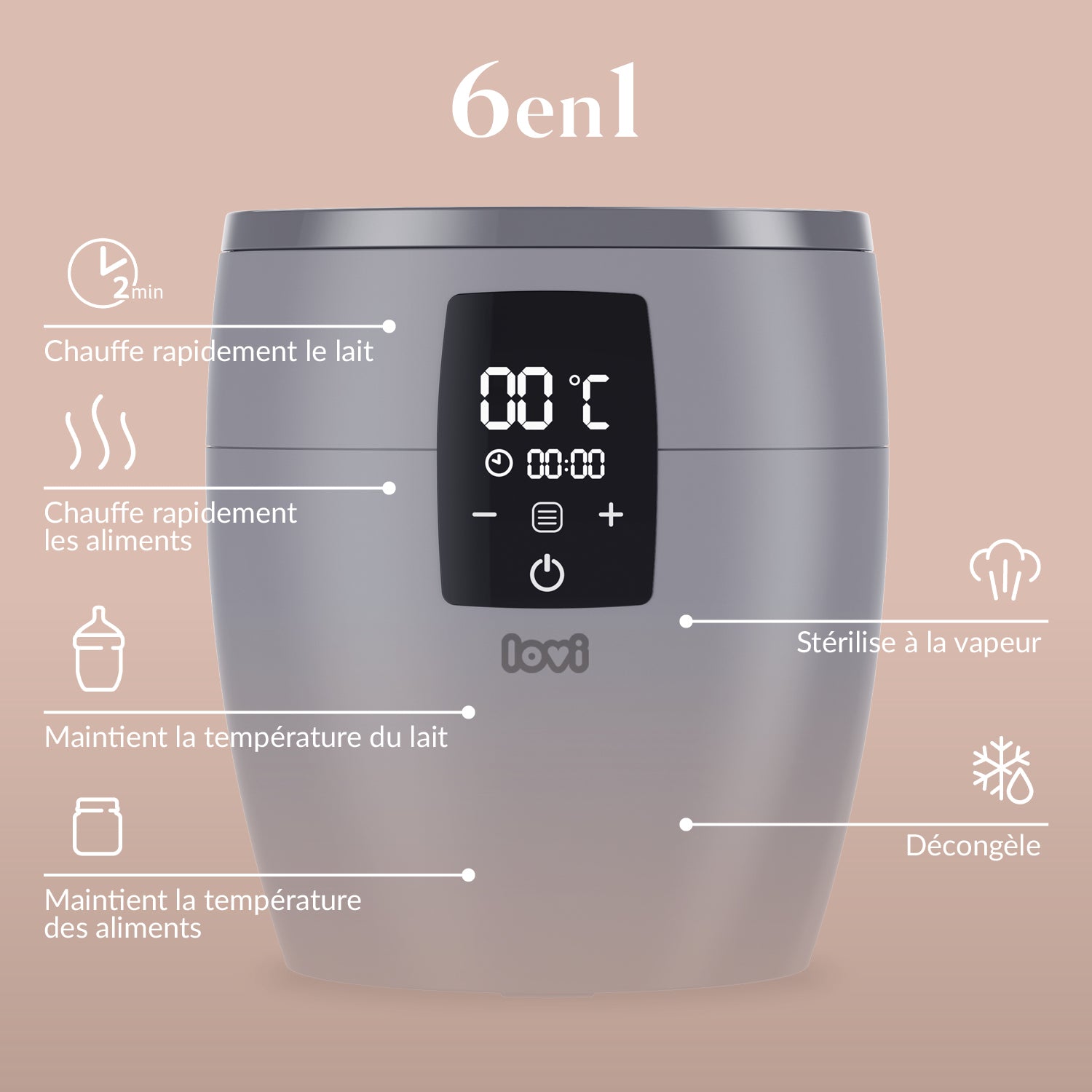 Chauffe-biberon électrique Difrax avec biberon, affichant les fonctions principales : chauffe rapide du lait et des aliments, maintien de la température, stérilisation à la vapeur et décongélation. Idéal pour simplifier les repas de bébé.