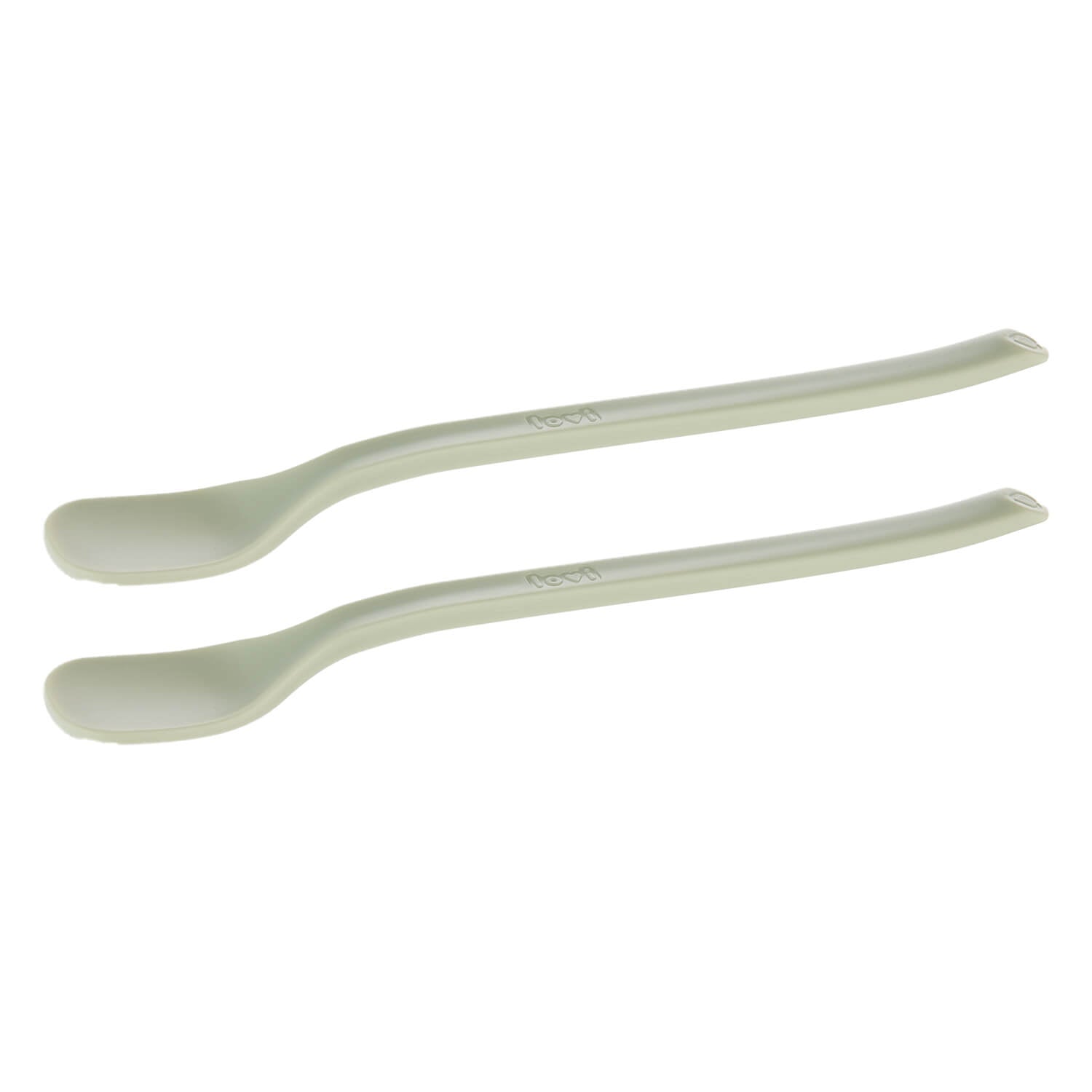 Deux cuillères premier âge couleur pistache vues de côté