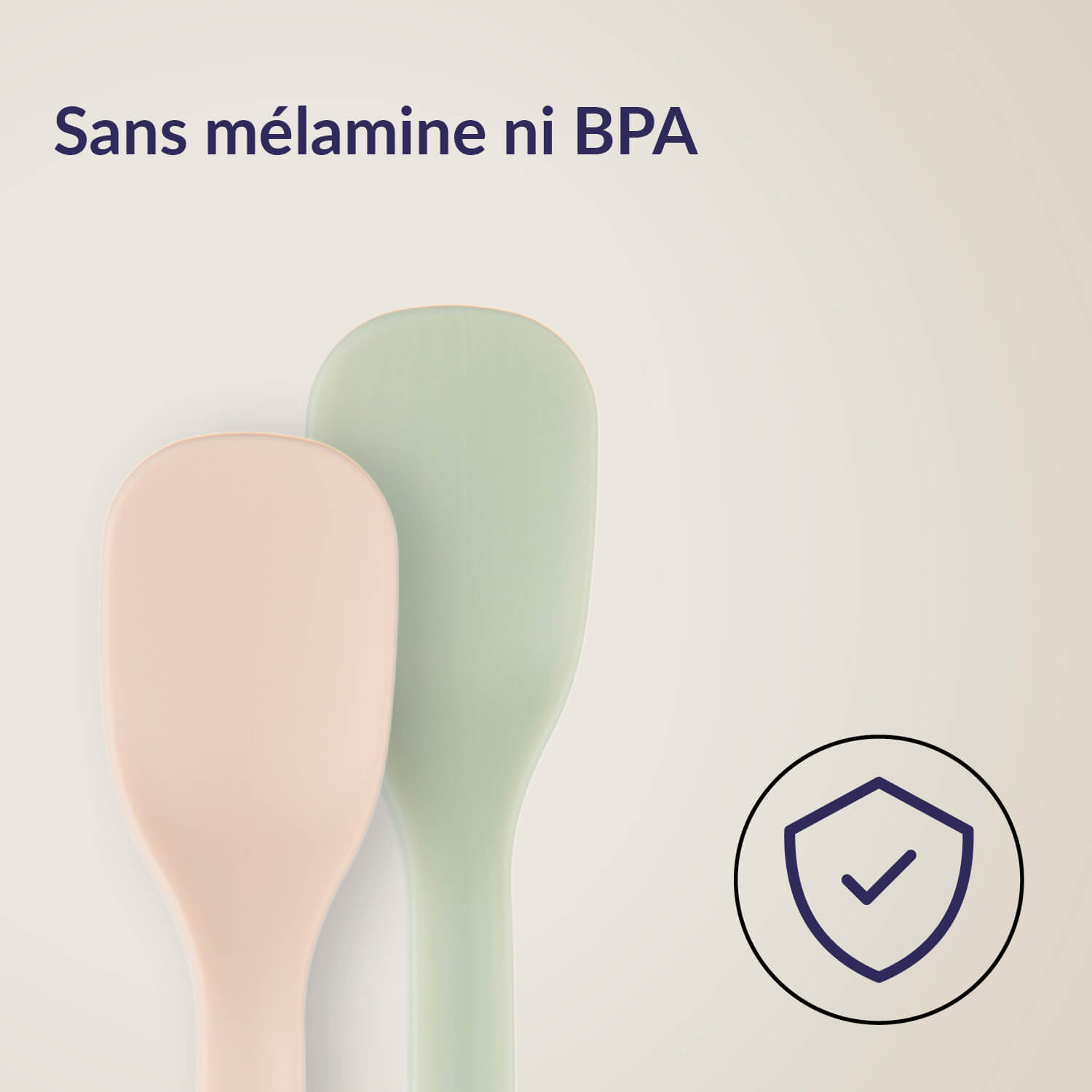 Deux cuillères premier âge pistache et nude, sans mélamine ni BPA