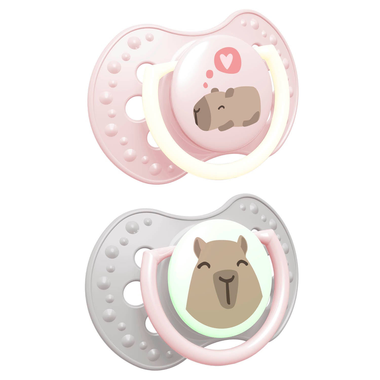 Sucette Difrax LOVI CapiChill 0-6 mois, Girl, 2 pièces, silicone, petit bouclier, anneau Brille dans le Noir, visible dans l'obscurité, sans BPA