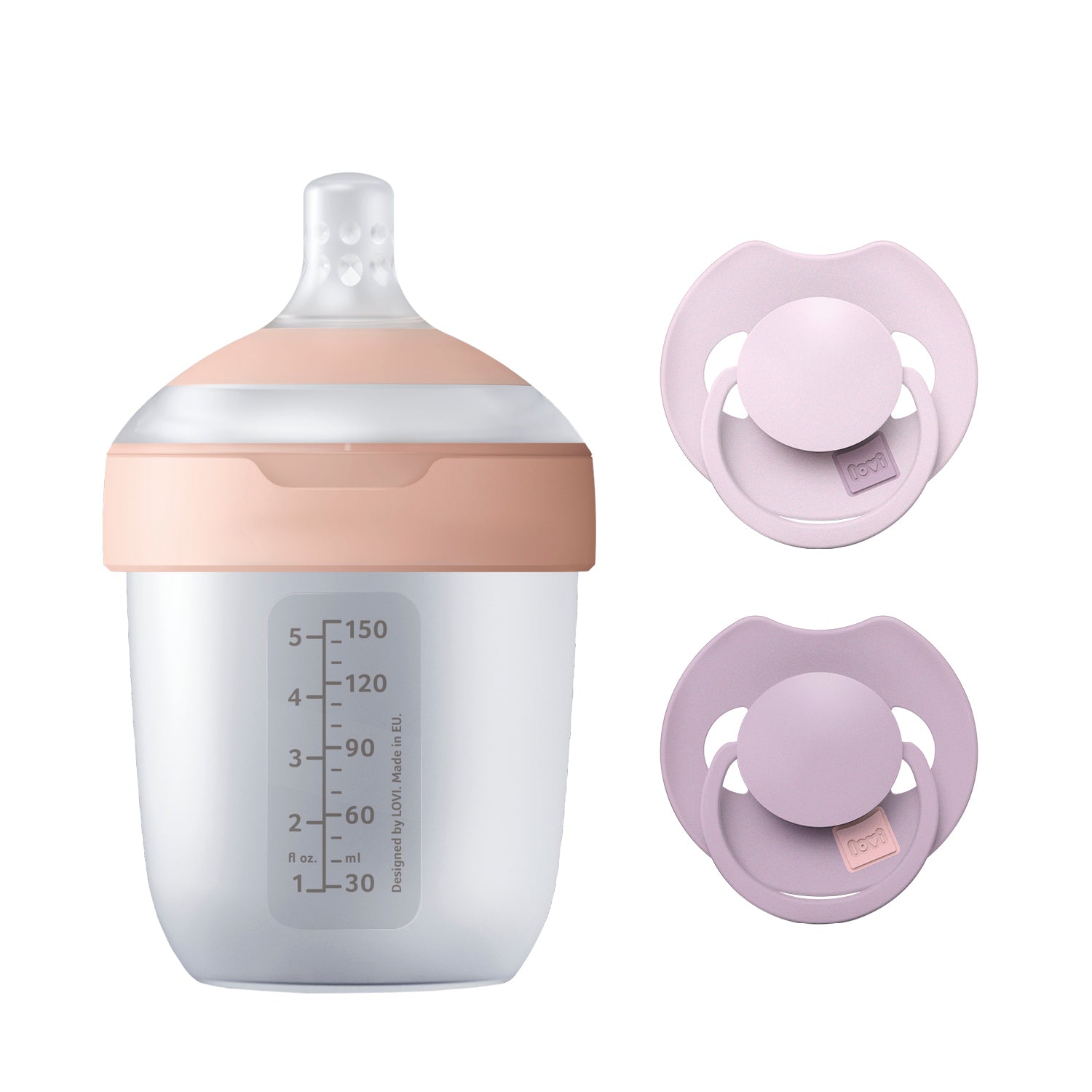 Difrax LOVI Mon Premier Set Bébé avec biberon Mammafeel 150 ml et sucette Prime duopack 0-6 mois en Lilac / Violet, cadeau de naissance idéal pour jeunes parents