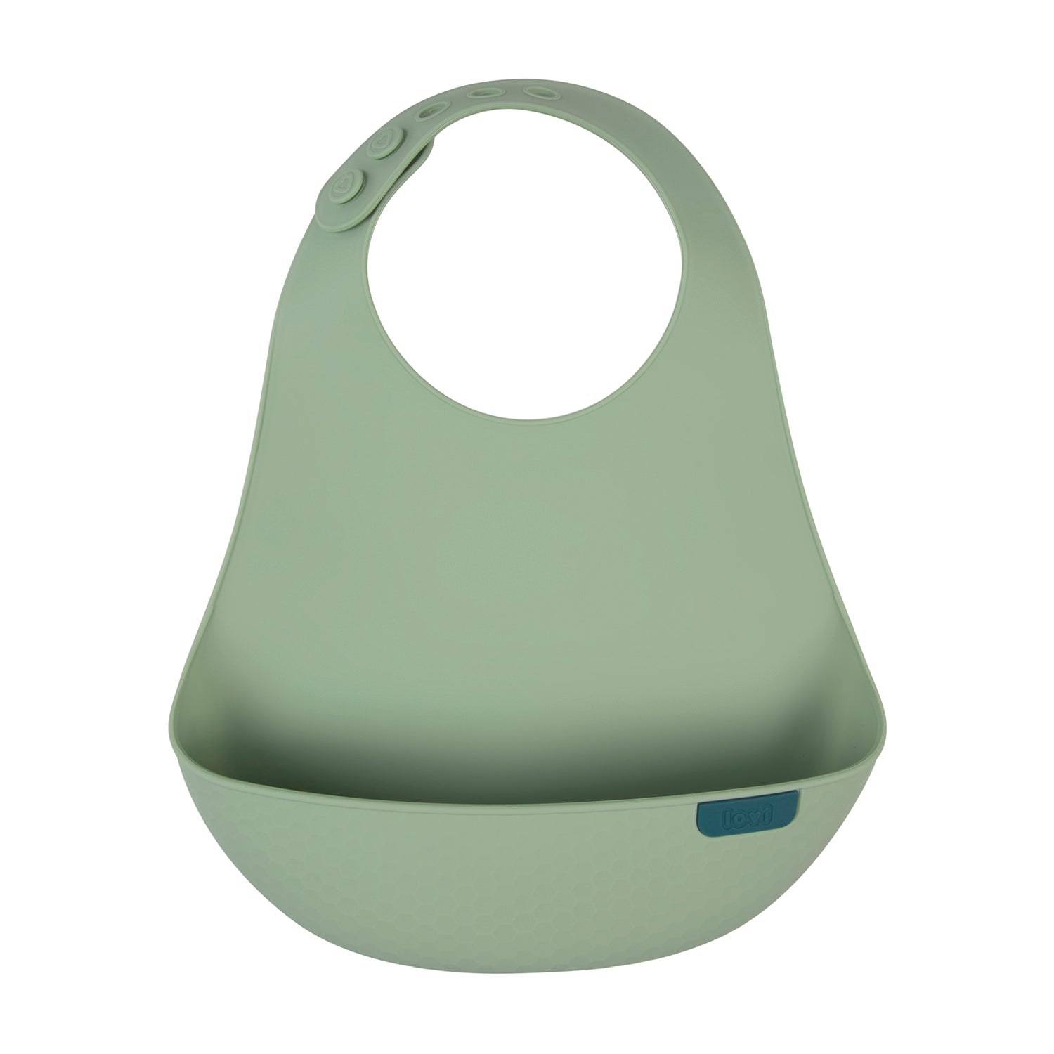 Bavoir en silicone de l’ensemble Difrax LOVI Baby Eet- & Drinkset Pistachio – réglable, hygiénique et confortable pour les repas.