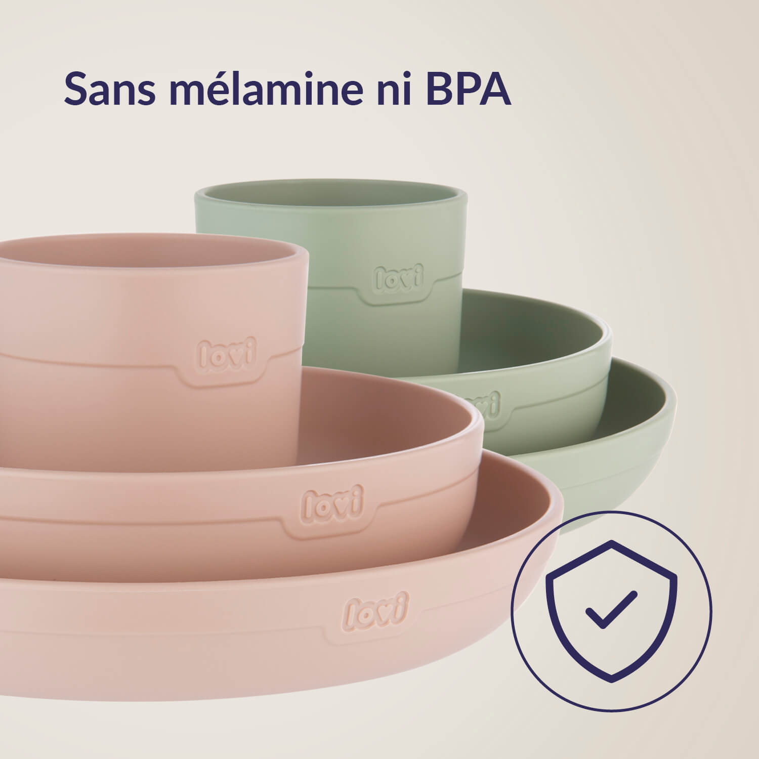 Sets repas bébé complets en couleurs nude et pistache, sans mélamine ni BPA