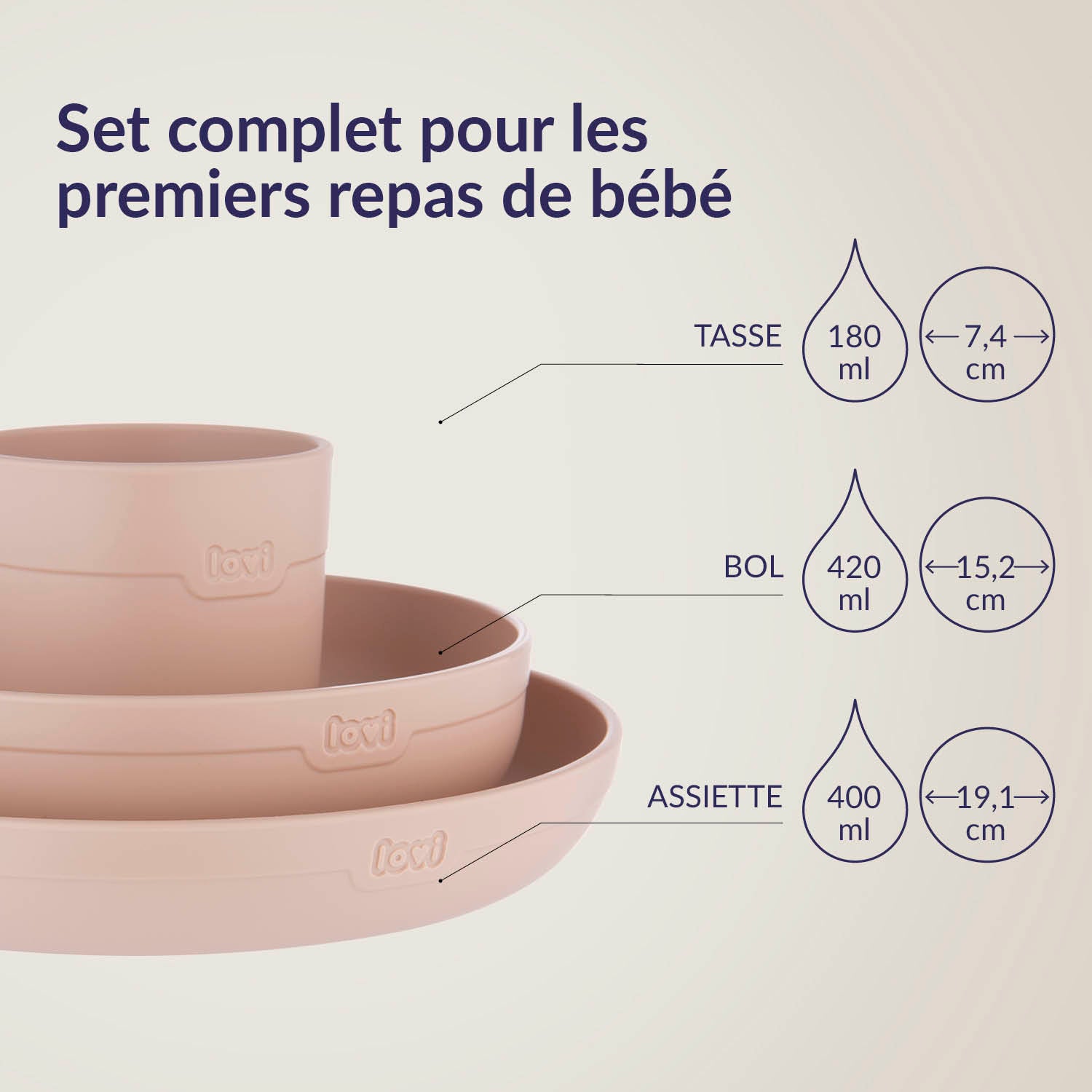 Set repas et boissons pour bébé Nude avec assiette 400 ml (Ø 19,1 cm), bol 420 ml (Ø 15,2 cm) et tasse 180 ml (Ø 7,4 cm), incluant cuillères et bavoir en silicone, idéal pour les premiers repas de bébé.