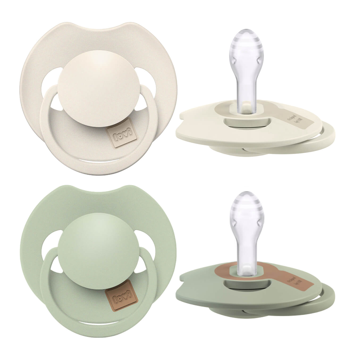 Les 2 sucettes Dynamic Prime coconut et pistachio avec la technologie des tétines Dynamic.