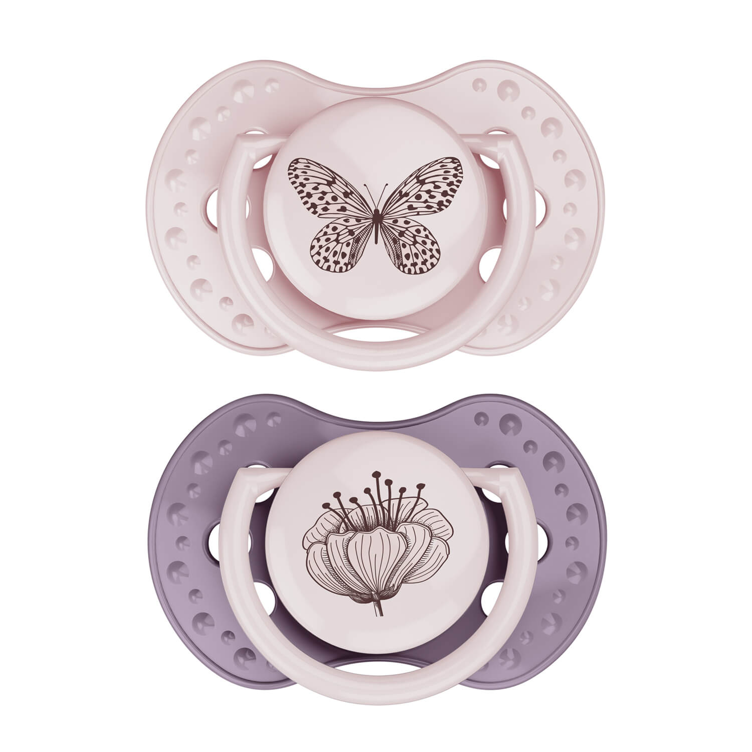 2 tétines de la collection Botanic en rose et violet pour 3-6 mois