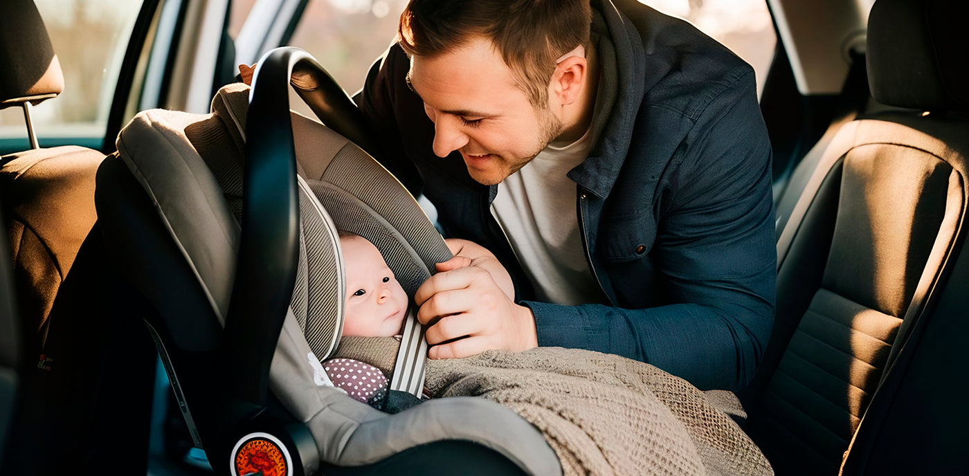 Un père attache son bébé en toute sécurité dans un siège auto à l’intérieur d’une voiture. Le bébé est assis calmement pendant que le père se penche pour ajuster les sangles, avec un décor français en arrière-plan.
