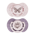 2 tétines de la collection Botanic en rose et violet pour 0-3 mois.