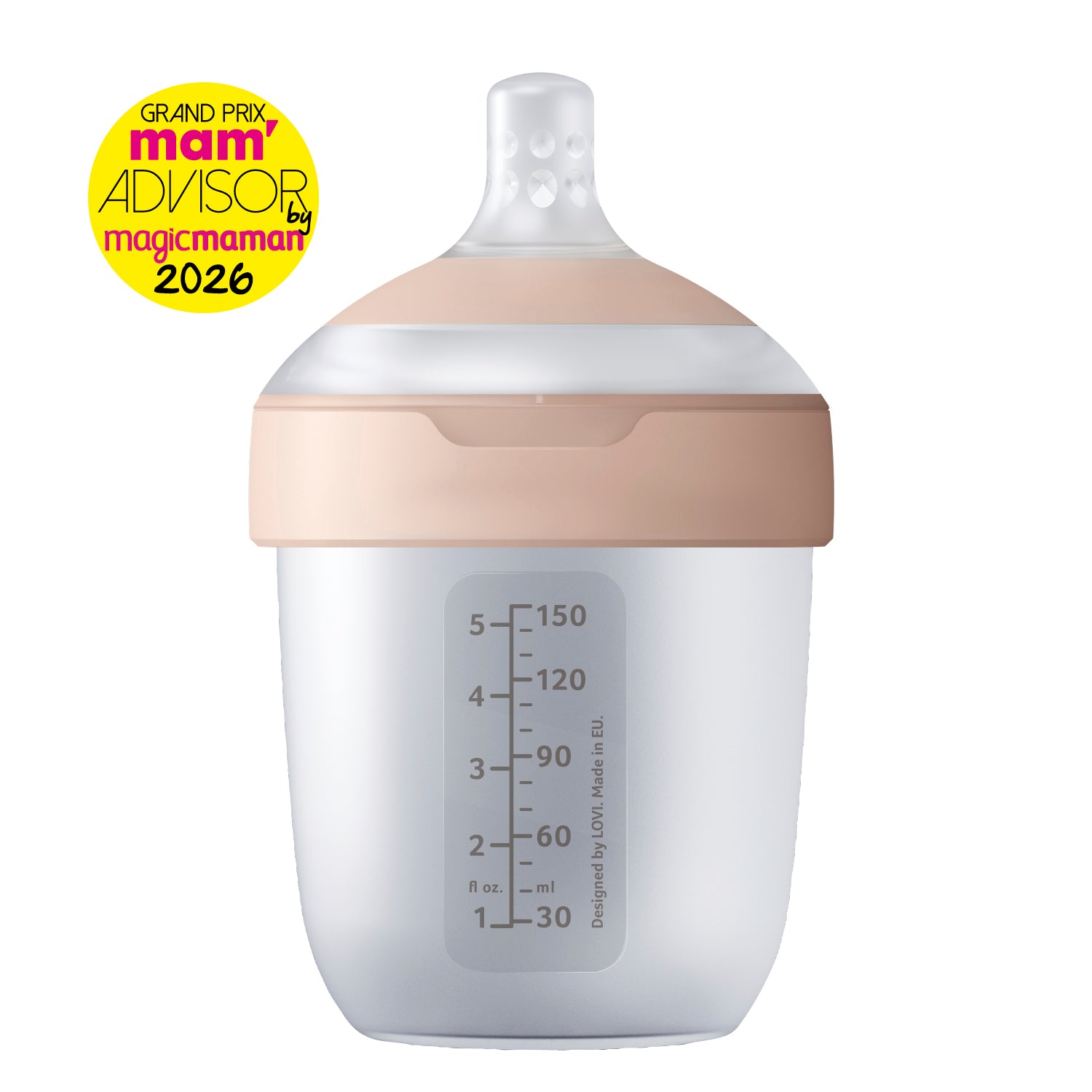 Biberon Lovi Mammafeel 150 ml en silicone beige et blanc sur fond blanc, avec graduation jusqu'à 150 ml. Grand Prix Mam'Advisor 2026.