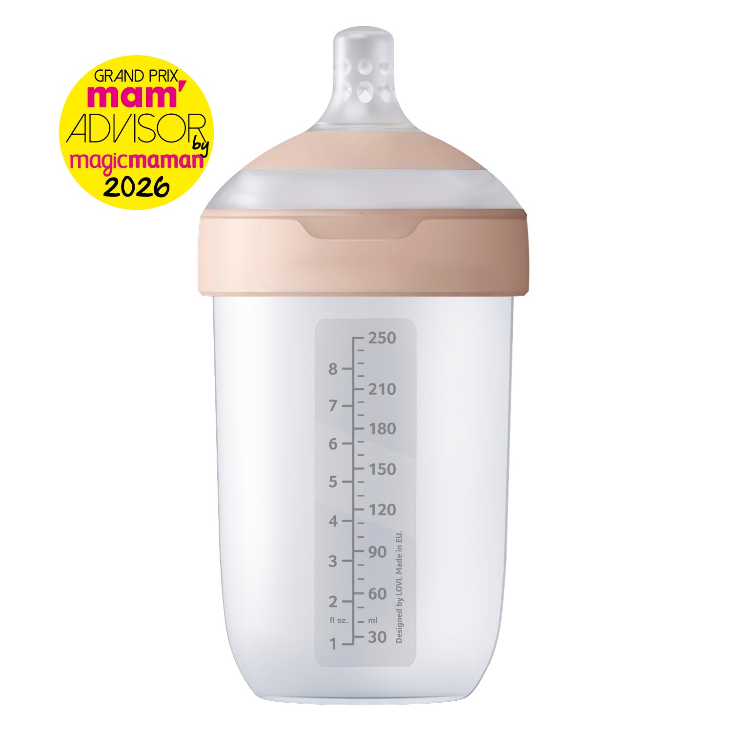 Biberon Lovi Mammafeel 250 ml en silicone beige et blanc sur fond blanc, avec graduation jusqu'à 250 ml. Grand Prix Mam'Advisor 2026.