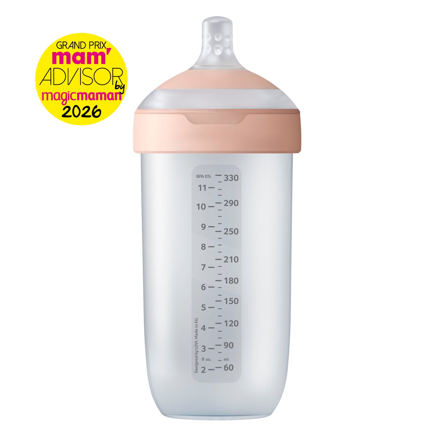 Biberon Lovi Mammafeel 330 ml en silicone rose et blanc sur fond blanc, sans BPA, avec graduation jusqu'à 330 ml. Grand Prix Mam'Advisor 2026.