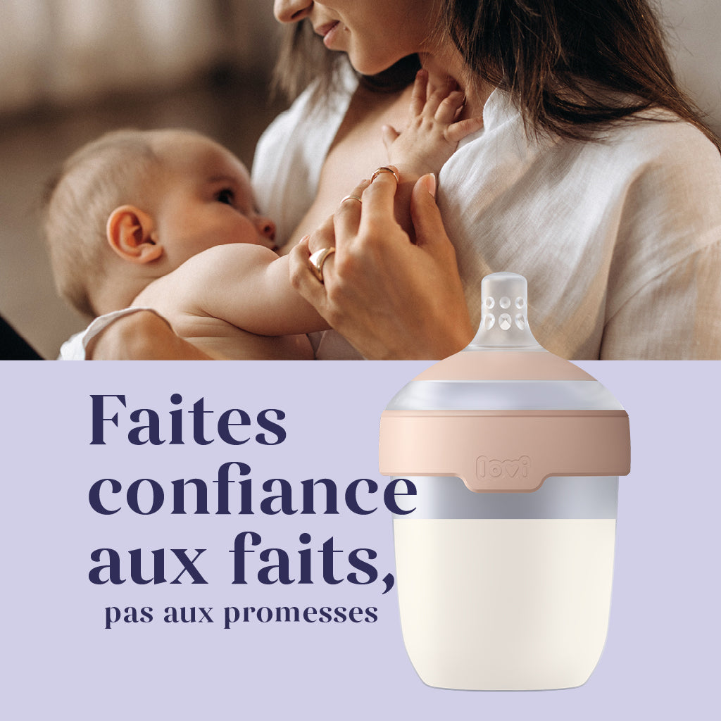 Biberon Lovi Mammafeel avec mère allaitant son bébé - Faites confiance aux faits, pas aux promesses - recherche médicale