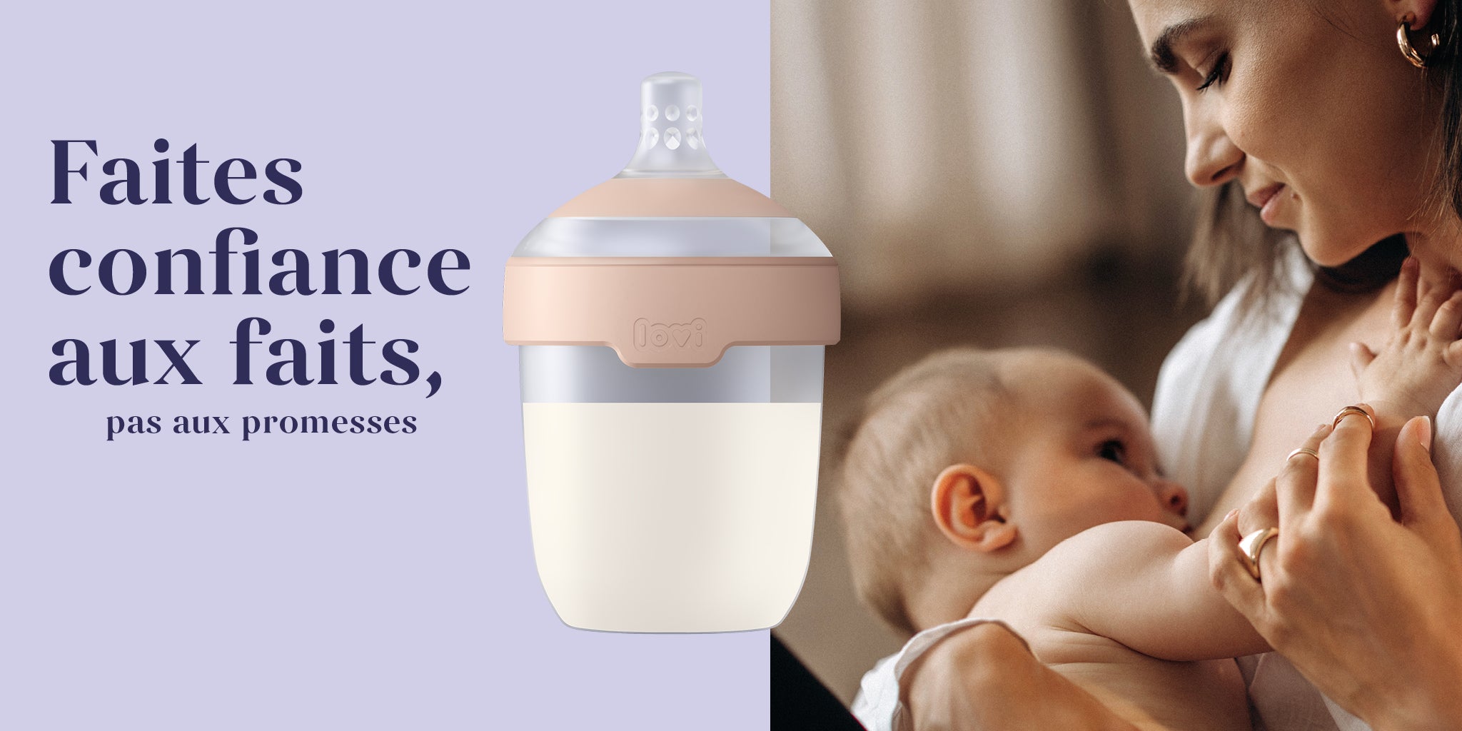 Biberon Lovi Mammafeel avec mère allaitant son bébé - Faites confiance aux faits, pas aux promesses - recherche médicale