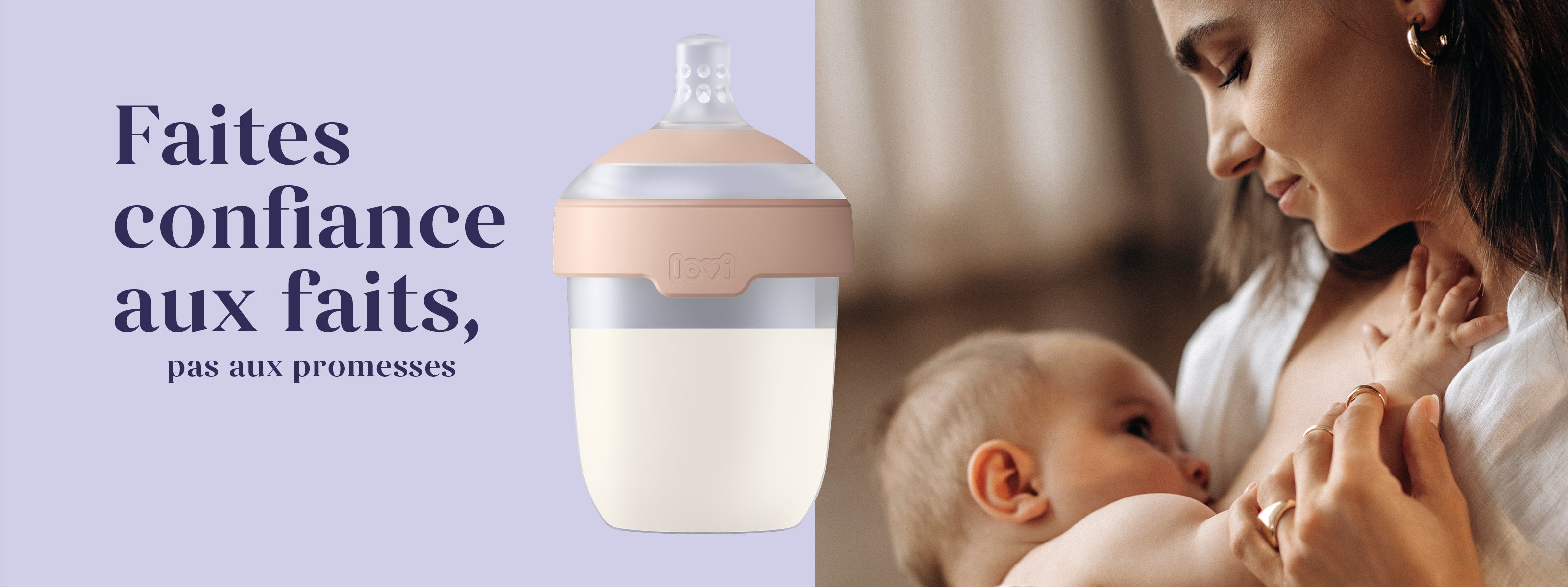 Biberon Lovi Mammafeel avec mère allaitant son bébé - Faites confiance aux faits, pas aux promesses - recherche médicale