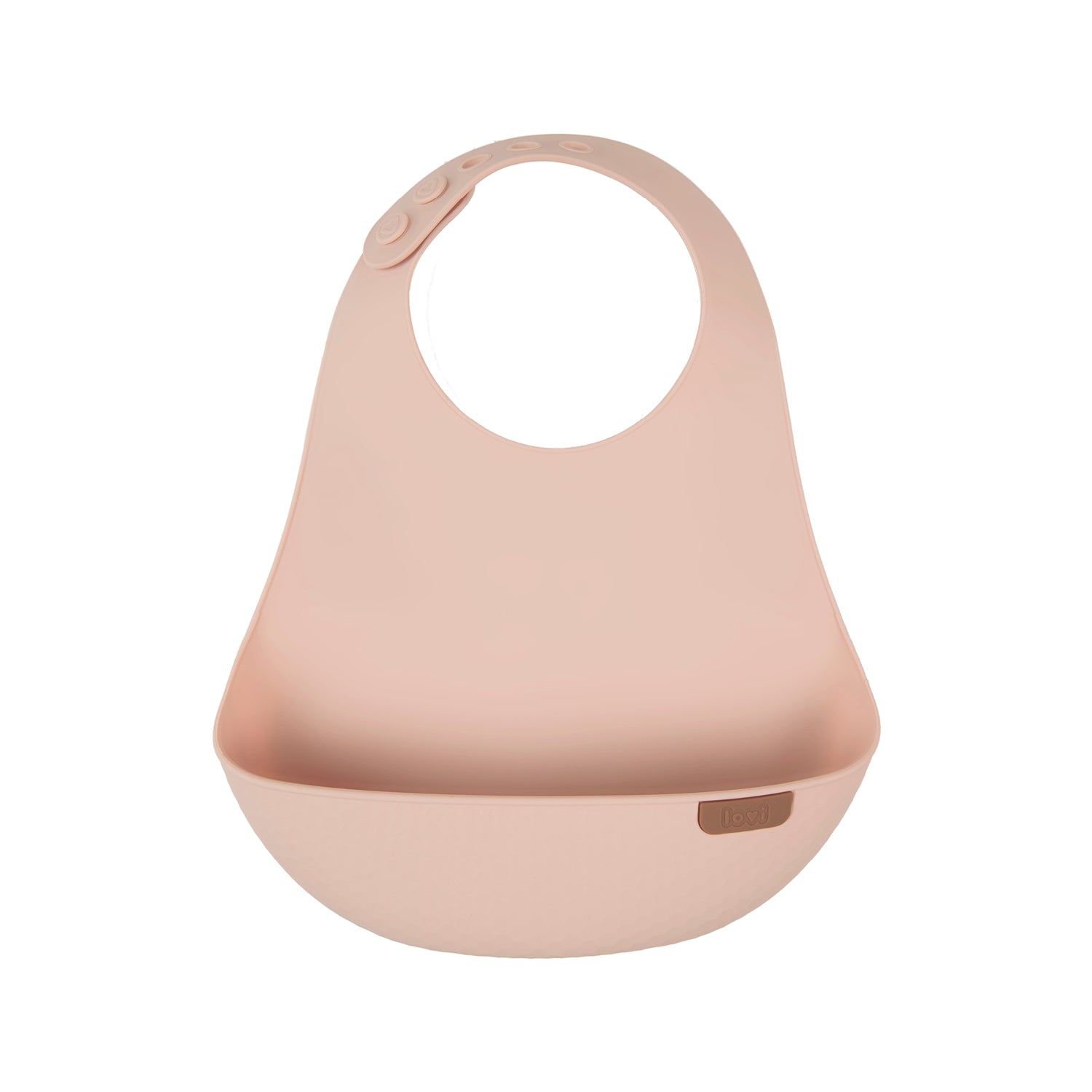 Un bavoir en silicone de couleur nude.
