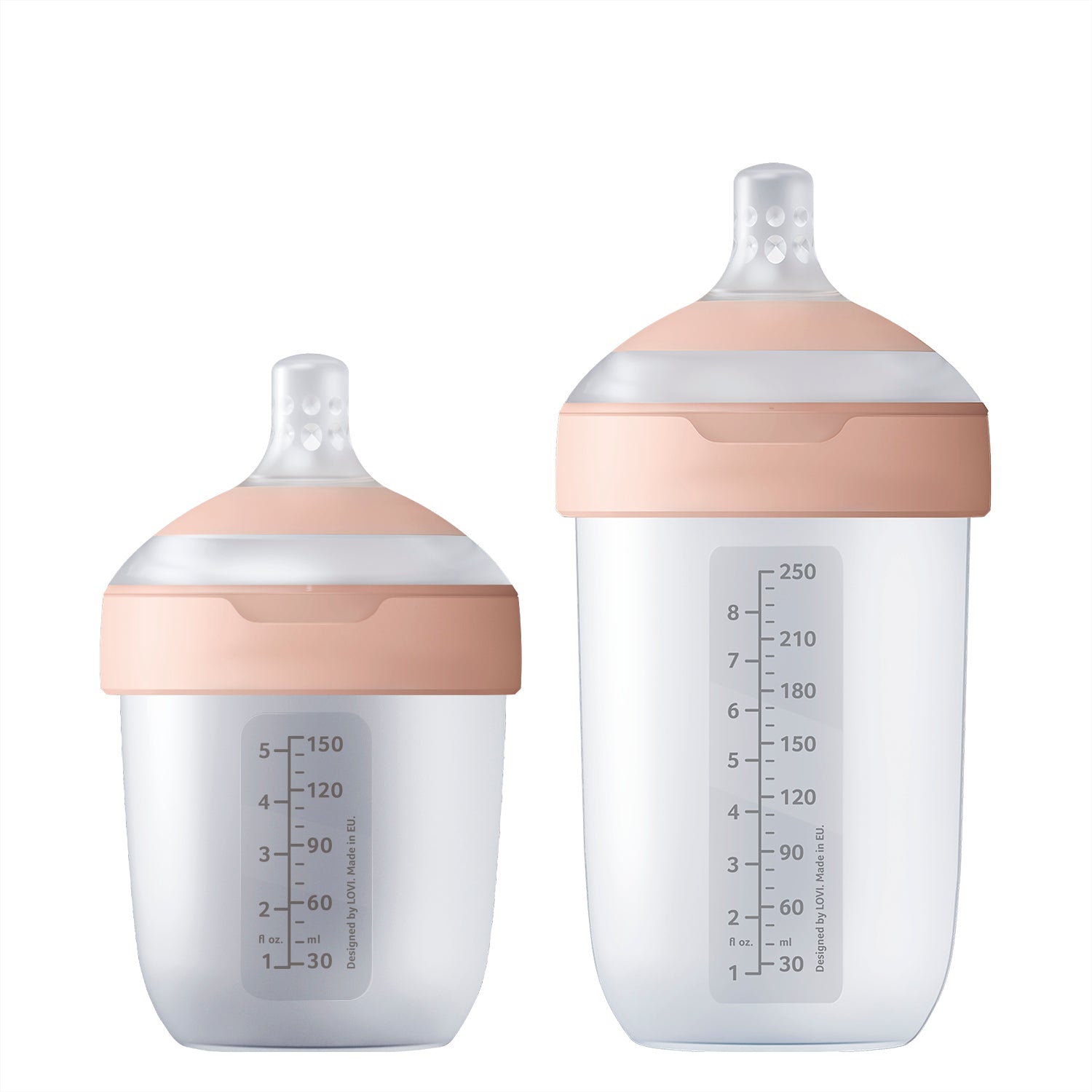 Deux biberons Mammafeel Difrax LOVI, 150 ml avec mini tétine 0m+ et 250 ml avec tétine Slow 3m+, pour un rythme de succion naturel.