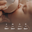 Bébé boit au biberon Mammafeel Difrax LOVI – tailles de tétine Mini, Slow, Medium, Fast, ensemble de luxe pour bébé nude.