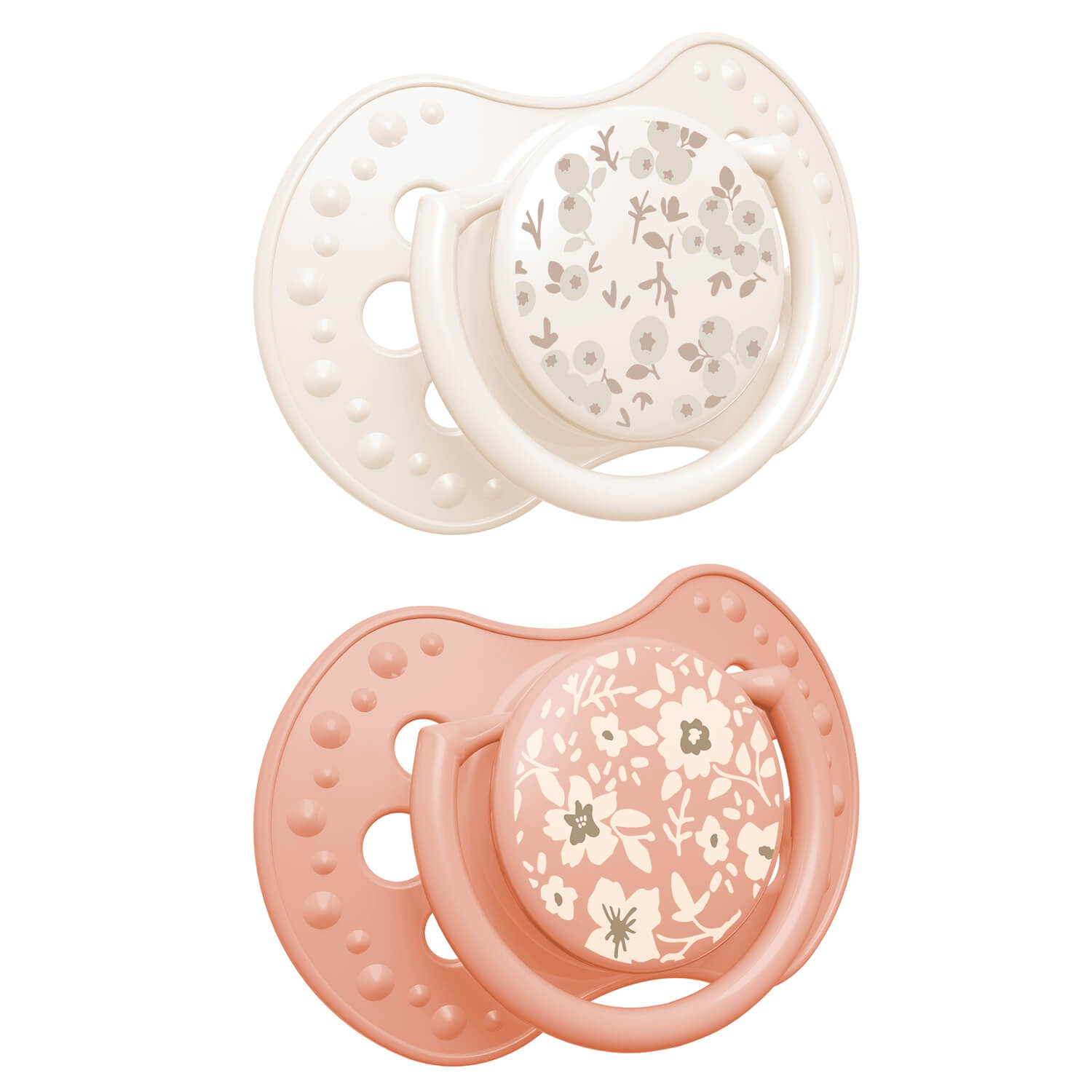 Sucette Difrax LOVI Blossom Girl Nouveau-né 0-6 mois, 2 pièces, silicone, petit bouclier, anneau phosphorescent, sans BPA
