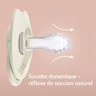 Schéma de la sucette Prime Difrax LOVI – embout dynamique protégeant le réflexe de succion naturel et s’adaptant en douceur aux mouvements du bébé.