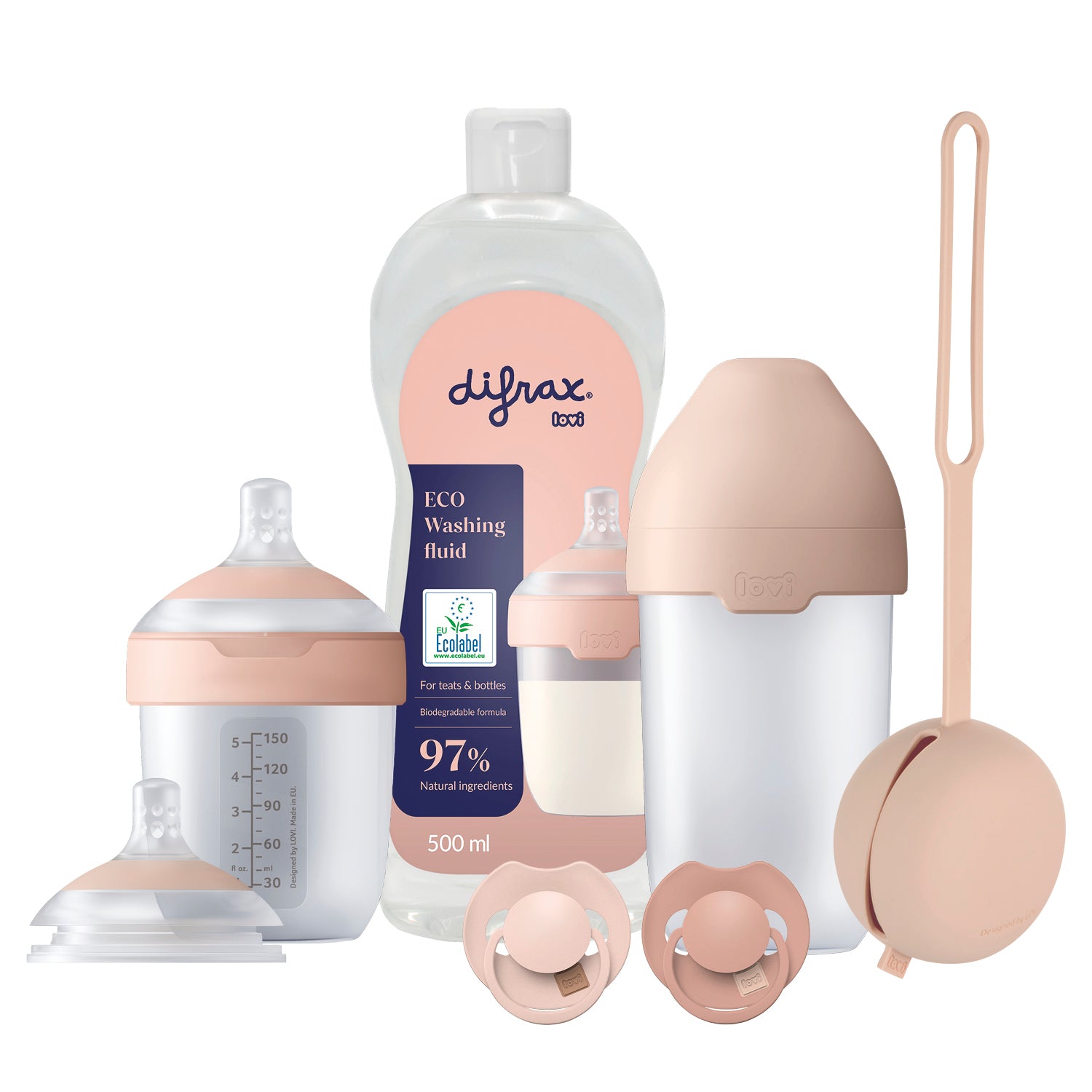Difrax LOVI Ensemble de luxe pour bébé Nude avec biberons Mammafeel, tétine, sucette Prime, boîte à sucette en silicone et liquide vaisselle doux.