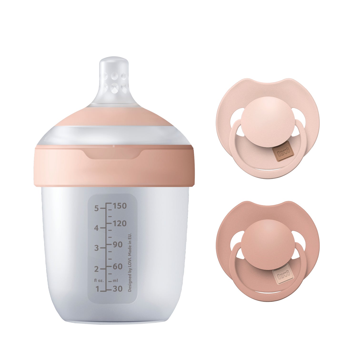 Difrax LOVI Mon Premier Set Bébé avec biberon Mammafeel 150 ml et sucette Prime duopack 0-6 mois en Nude / Blush, cadeau de naissance idéal pour jeunes parents
