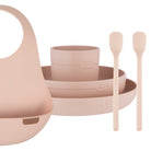 Difrax LOVI Ensemble repas et boissons Nude – assiette, bol, tasse ouverte, cuillères et bavoir en silicone.