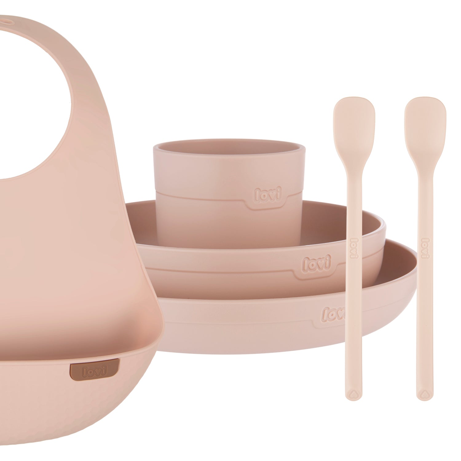 Difrax LOVI Ensemble repas et boissons Nude – assiette, bol, tasse ouverte, cuillères et bavoir en silicone.