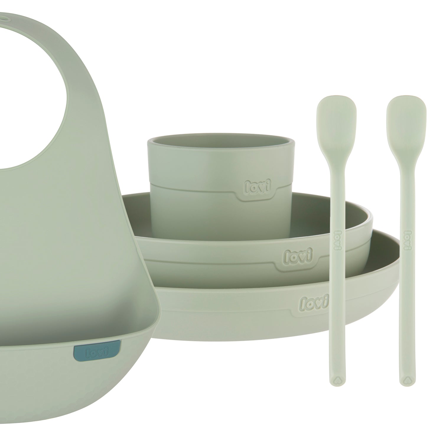 Ensemble repas et boissons pour bébé Difrax LOVI – Pistachio : assiette, bol, tasse ouverte, deux cuillères et bavoir en silicone pour des repas sûrs et confortables.