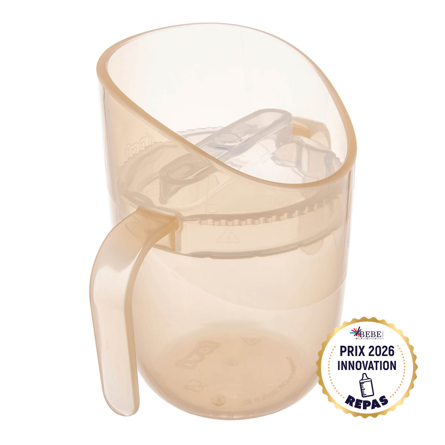 obelet éducatif Genius bébé 150 ml en couleur Nude, lauréat du Prix Innovation 2026, conçu pour boire seul dès 6 mois avec posture naturelle et débit contrôlé pour un développement bucco-dentaire sain.