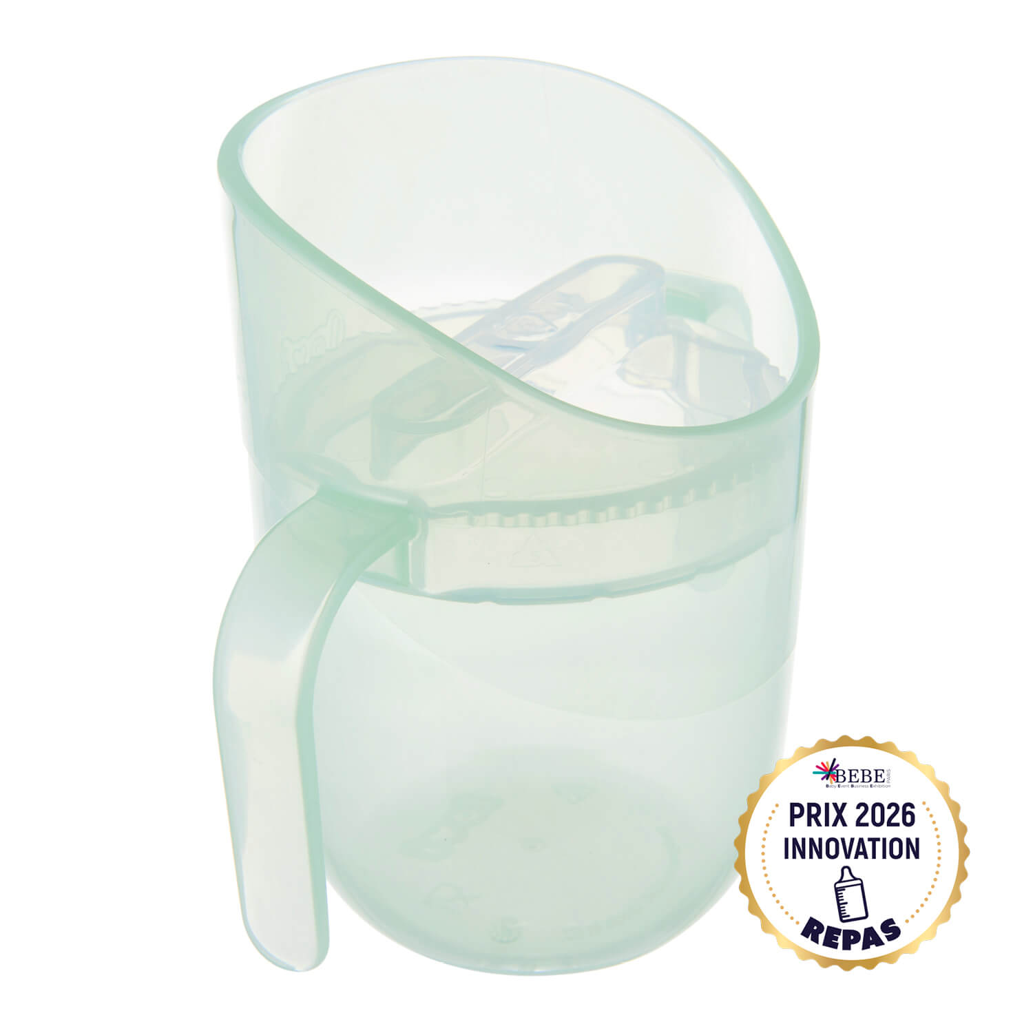 Gobelet éducatif Genius bébé 150 ml en couleur Pistachio, lauréat du Prix Innovation 2026, conçu pour boire seul dès 6 mois avec posture naturelle et débit contrôlé pour un développement bucco-dentaire sain.