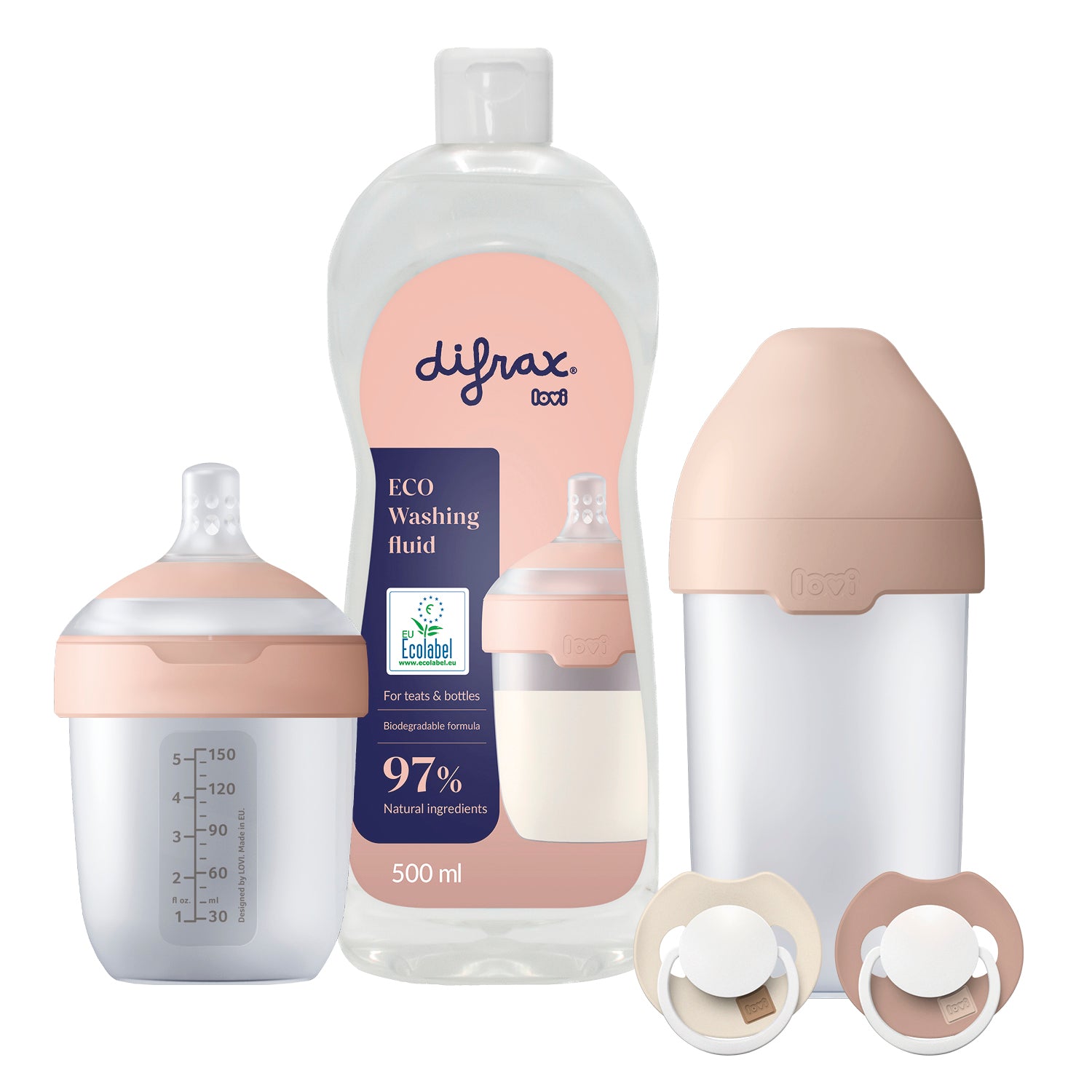 Kit essentiel pour nouveau-né avec grand et petit biberon Mammafeel, deux sucettes et liquide vaisselle écologique 500 ml