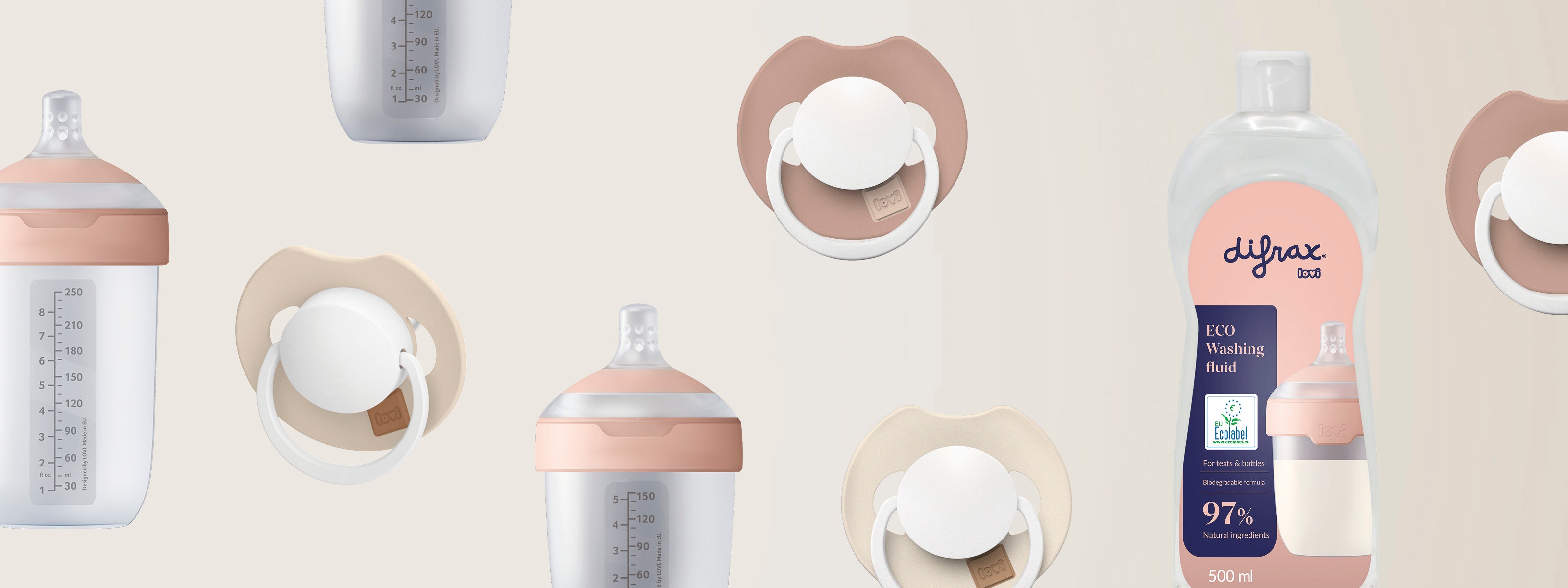 Ensemble du kit essentiel pour nouveau-né avec biberons, sucettes et liquide vaisselle écologique 500 ml