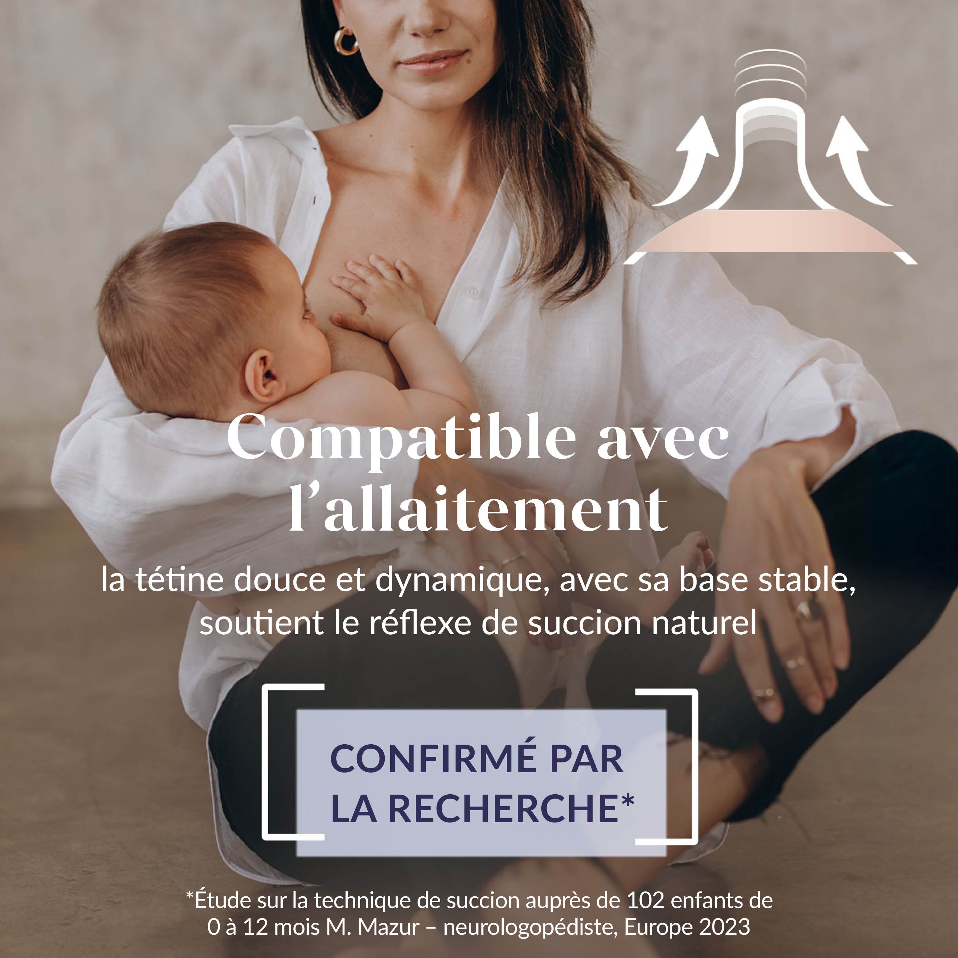 Mère donnant le sein à son bébé avec un diagramme montrant le mouvement dynamique de la tétine Difrax LOVI soutenant le réflexe de succion naturel.