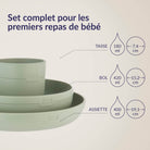 Set repas et boissons pour bébé Pistachio avec assiette 400 ml (Ø 19,1 cm), bol 420 ml (Ø 15,2 cm) et tasse 180 ml (Ø 7,4 cm), incluant cuillères et bavoir en silicone, idéal pour les premiers repas de bébé.