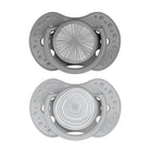 2 Sucettes Harmony collection dans les couleurs gris foncé et gris clair.