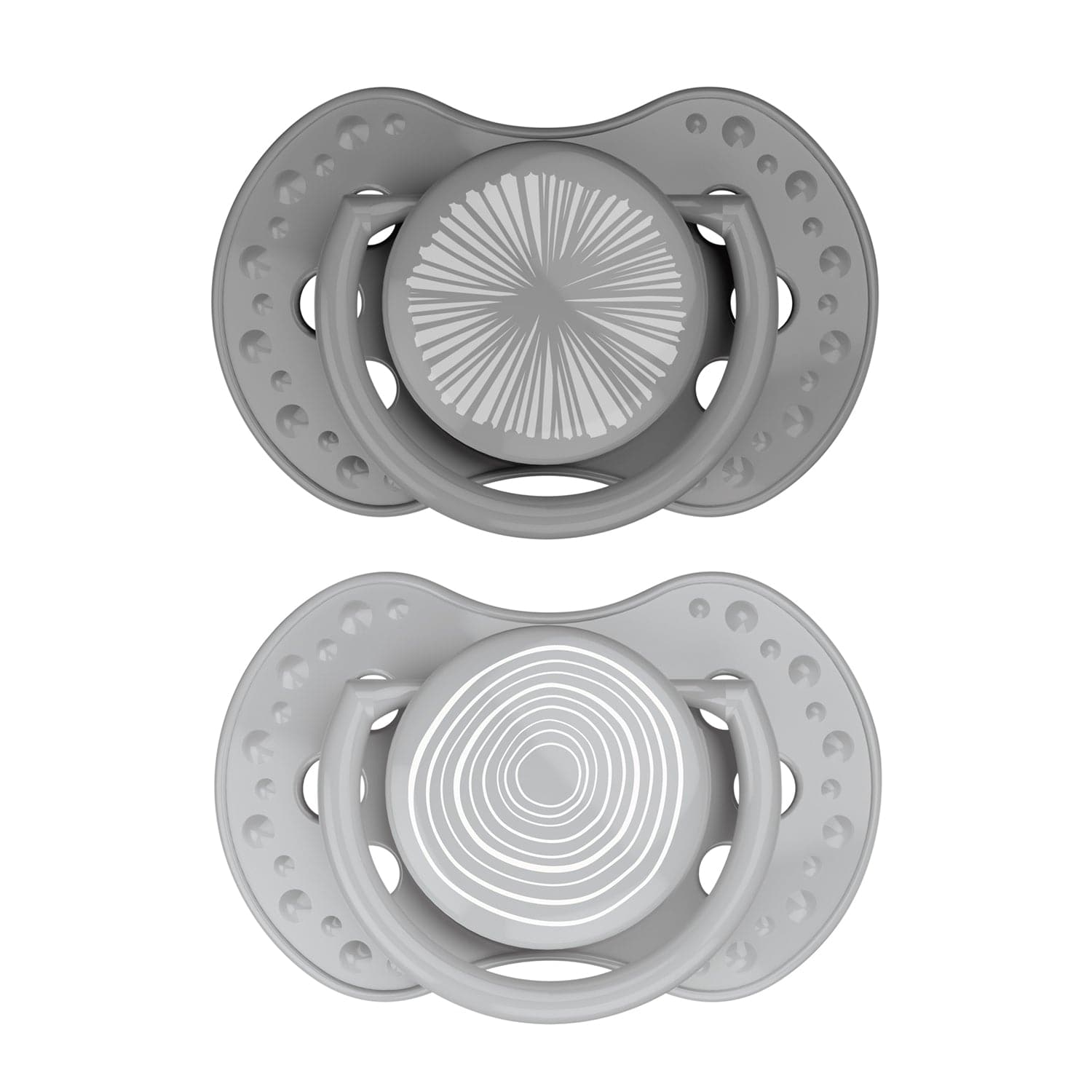 2 Sucette dynamique Harmony dans les couleurs gris foncé et gris clair.