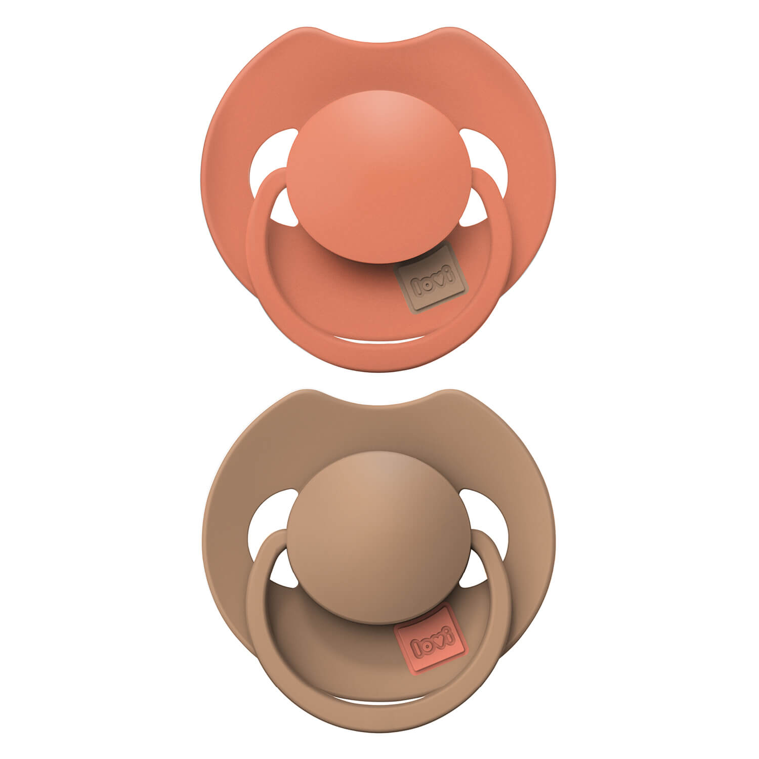 Sucettes Prime Collection Difrax LOVI en couleurs corail et beige, duo de tétines physiologiques